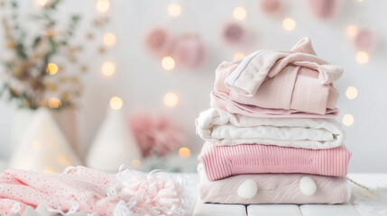 Stack of folded clothes on plain background with copy-space for text. All seasons collection. Diapers in pastel pink color tones were displayed on a decorative kid room background.