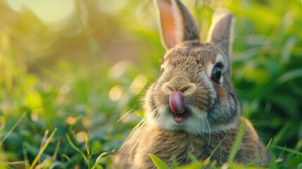 A cute Rabbit in the grass looks directly into the camera and sticks out his tongue