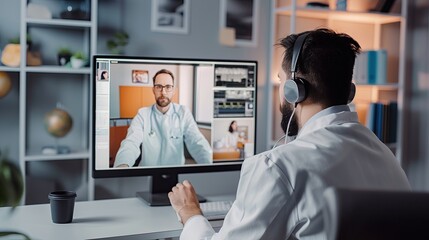 A man engages in a virtual medical appointment with a doctor, using a video call on his computer in a home office setting..