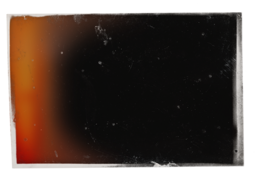 Vintage photo, black background with red light leak, dusts and scratches, with semi-transparent egde of the film on transparent background. Retro photo film background for artistic templates.