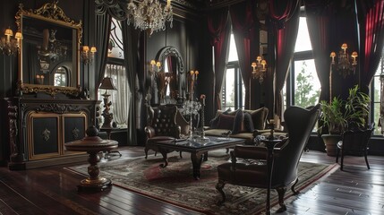 Fototapeta na wymiar Victorian Gothic design with dark wood furniture, dramatic drapes, and ornate mirrors.