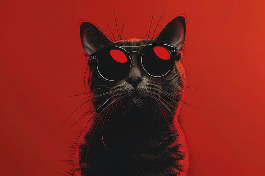 artwork a British Shorthair cat donning sunglasses on red background