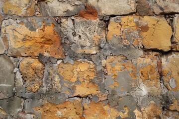 Detailed view of a stone wall adorned with a blend of yellow and gray paint, showcasing a beautiful contrast of colors and textures.