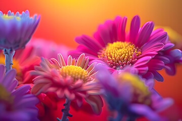 pink and yellow centers, encircled by purple and yellow petals against a deep red backdrop