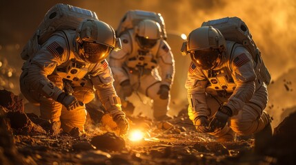 Astronauts collecting samples from the surface of Mars during a mission,EVA setup with rovers and equipment - obrazy, fototapety, plakaty