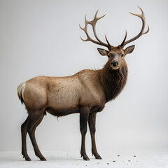 Obraz premium A bull elk with antlers stands in front of a white background.