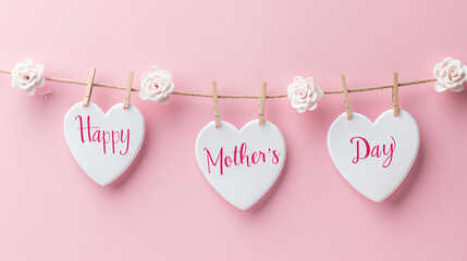 Happy Mother's Day written in pink hearts hanging on a clothesline