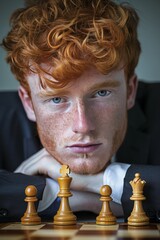 Contemplative business leader strategizing on a chessboard, focused on pieces and strategy