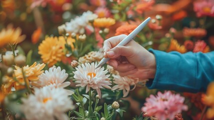 a teacher's hand holding a pen, surrounded by blooming flowers, teacher's  day concept