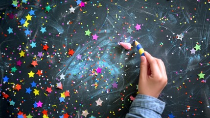 a teacher's hand holding a chalk, surrounded by sparkling stars and confetti