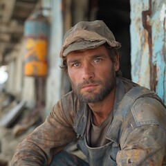 Fototapeta premium Worker leaning against colorful wall