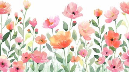 Abstract pink and orange flowers, leaves and plants on a white background