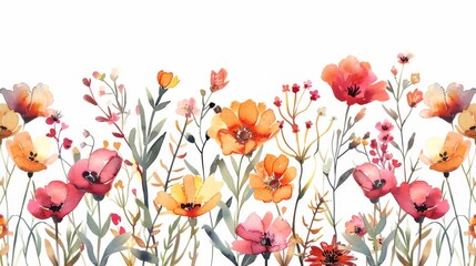 Abstract pink and orange flowers, leaves and plants on a white background