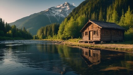 An old wooden hut on a river with mountain view and trees, plants, beautiful nature, 8k, wallpaper