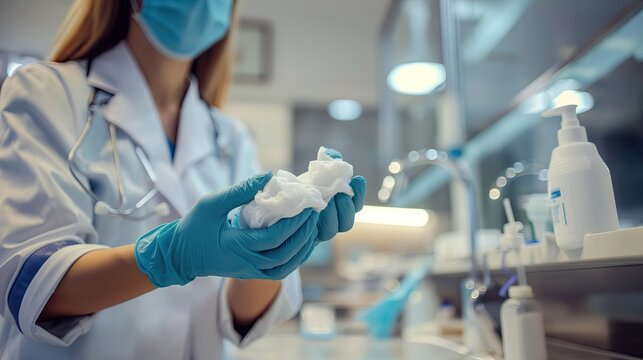 A focused healthcare worker is putting on sterile gloves in preparation for a medical examination or procedure..