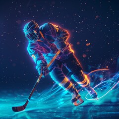 Ice Hockey player in action made of polygon Al neon network on dark blue background