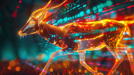 An abstract painting of an antelope made of glowing particles