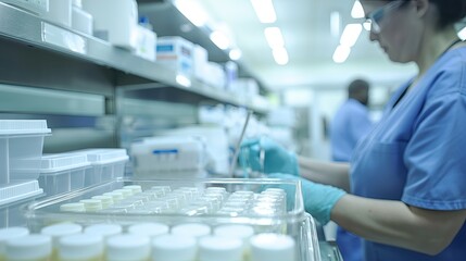 A focused pharmacy technician in blue scrubs is sorting and organizing a variety of medications in a well-stocked pharmacy..