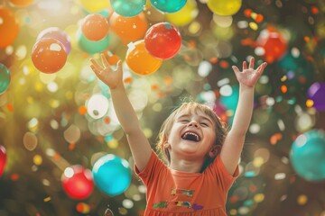 A joyous child with arms raised is surrounded by a multitude of colorful balloons in a festive atmosphere