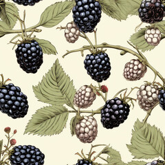 Blackberry seamless pattern in hand drawn sketch style, digital illustration. Mulberry background with engraving texture. Vintage, retro style drawing.