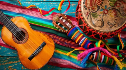 a traditional Mexican musical instrument, such as a mariachi guitar or a vibrant drum, with colorful ribbons and streamers