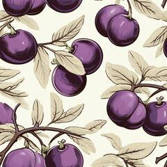 Plum seamless pattern in hand drawn sketch style, digital illustration. Fruit background with engraving texture. Vintage, retro style drawing.