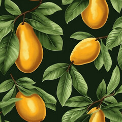 Mango seamless pattern in hand drawn sketch style, digital illustration. Fruit background with engraving texture. Vintage, retro style drawing.