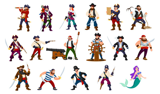 Cartoon pirate and corsair characters. Isolated vector set of whimsical seafaring male and female buccaneers with eye patches, grappling hooks and swords, exploring high seas for treasures and thrills
