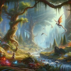 A fantastical fairy tale background of enchanted forests and mag