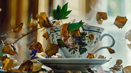 Elegant teacup brimming with autumn leaves and flowers on a sunny windowsill