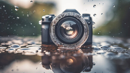 World photography day, vintage camera on background, professional hobby. AI generated.