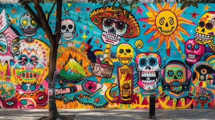 A vibrant street art mural of a Mexican loteria card, with iconic symbols like La Catrina and El Sol coming to life in a dynamic urban landscape