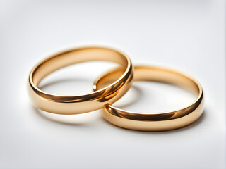 A pair of gold wedding rings, set against a solid color background, with concepts of love and marriage, Valentine's Day