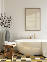 Fototapeta na wymiar Elegant Minimalism: Oak Framed Art Print in Bathroom