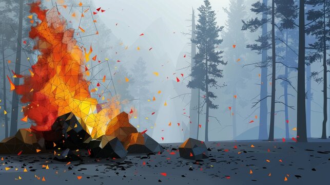 Mystical campfire surrounded by trees, a creative blend of nature and digital art