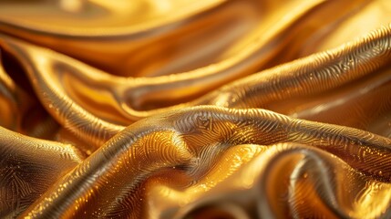 Elegant golden fabric with undulating waves, highlighting the luxurious and rich texture of the...