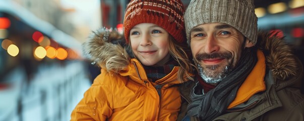 Father and daughter smiling in snow