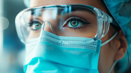 病院で働く医療用ゴーグルとマスクをつけた女性 Lady with safety medical glasses and mask in Hospital