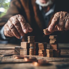 Savings ideas or life insurance and investment for expense after retire life for seniors. Elderly people's hands are placing coins money on the table