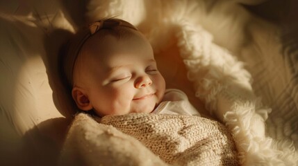 A contented baby sleeps with a soft smile, bathed in the warm, golden light of the afternoon sun.