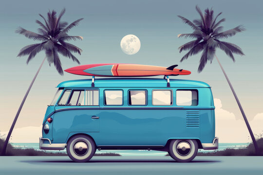 Vintage blue surf van. A retro bus with a surfboard on the roof. The concept of summer holidays, travel, active lifestyle, time for surfing.