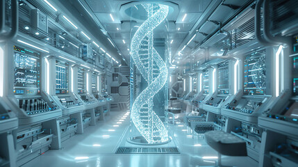 Sci-fi laboratory with glowing blue double helix