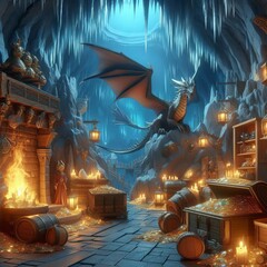 A fantasy themed D illustration of a dragon lair with treasure a
