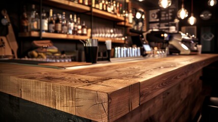 Warm wooden counter in a rustic style bar with ambient lighting.