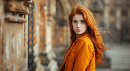 A beautiful woman with long red hair in an orange coat posing against the backdrop of old architecture, soft studio lighting