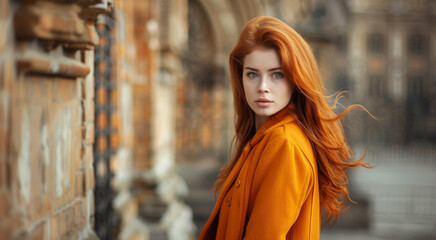 Obraz premium A beautiful woman with long red hair in an orange coat posing against the backdrop of old architecture, soft studio lighting