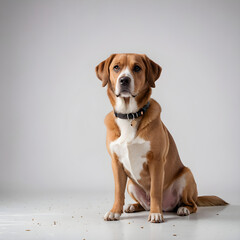 Old Mixed-breed dog, 13 years old, sitting in front of white wall