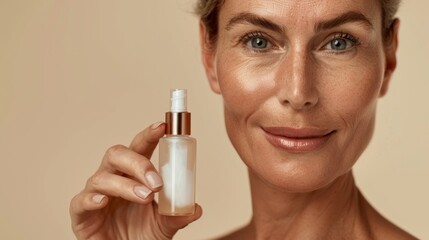 Woman holding a small bottle of cream or lotion smiling with a soft glowing complexion.