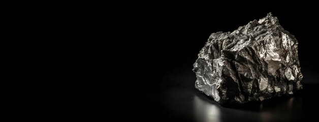 Naklejka premium Indium is rare precious natural stone on black background. AI generated. Header banner mockup with space.