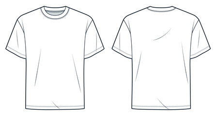Basic T-Shirt fashion flat tehnical drawing template. Unisex T-Shirt technical fashion illustration, relaxed fit, front and back view, white, women, men, unisex CAD mockup set.